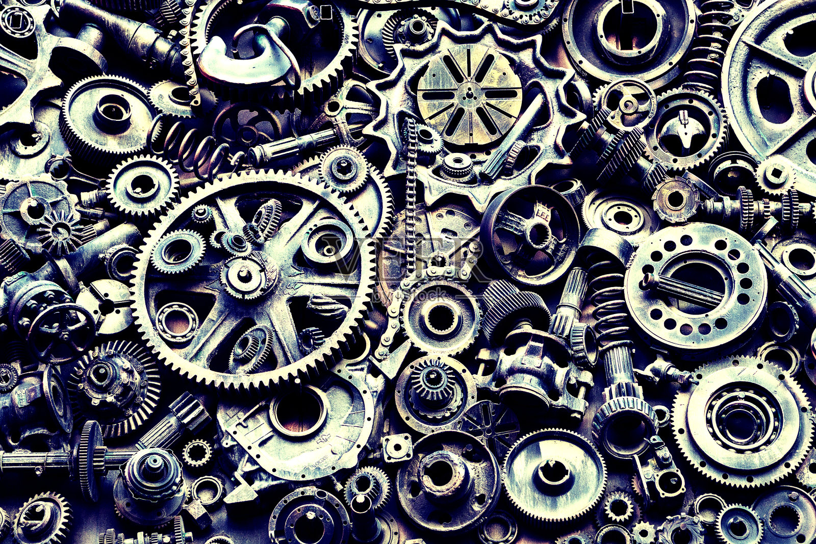 蒸汽朋克的紋理,背景與機械零件,齒輪,蒸汽朋克齒輪,堆汽車零件,舊生銹的鐵鏈,彈簧,車輪,接近照片攝影